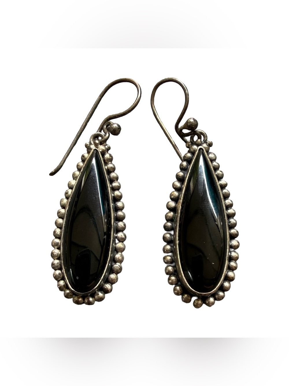 Vintage 925 Sterling Silver Black Onyx Teardrop Dangle Earrings Native American